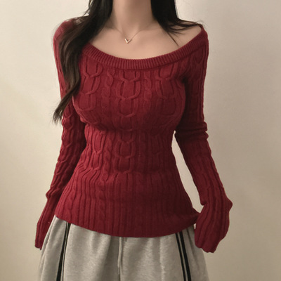 Red casual sweater 韩系休闲温柔风纯色麻花毛衣秋冬打底上衣女