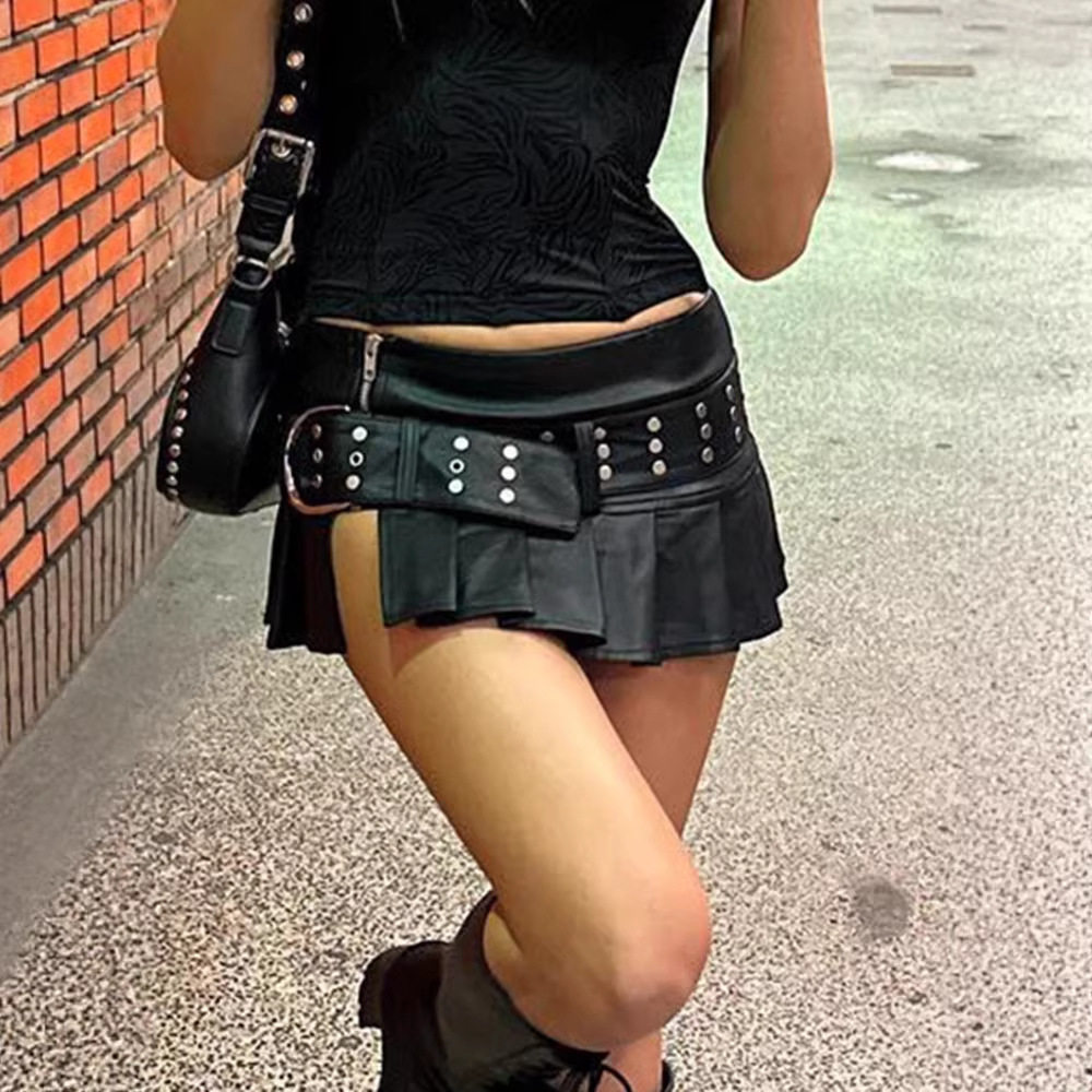 Punk style leather short skirt机车风性感开叉PU皮裙腰带百褶裙