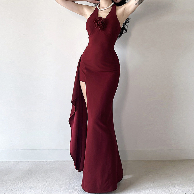 High slit camisole V-neck dress 秋季礼服高开叉吊带V领连衣裙