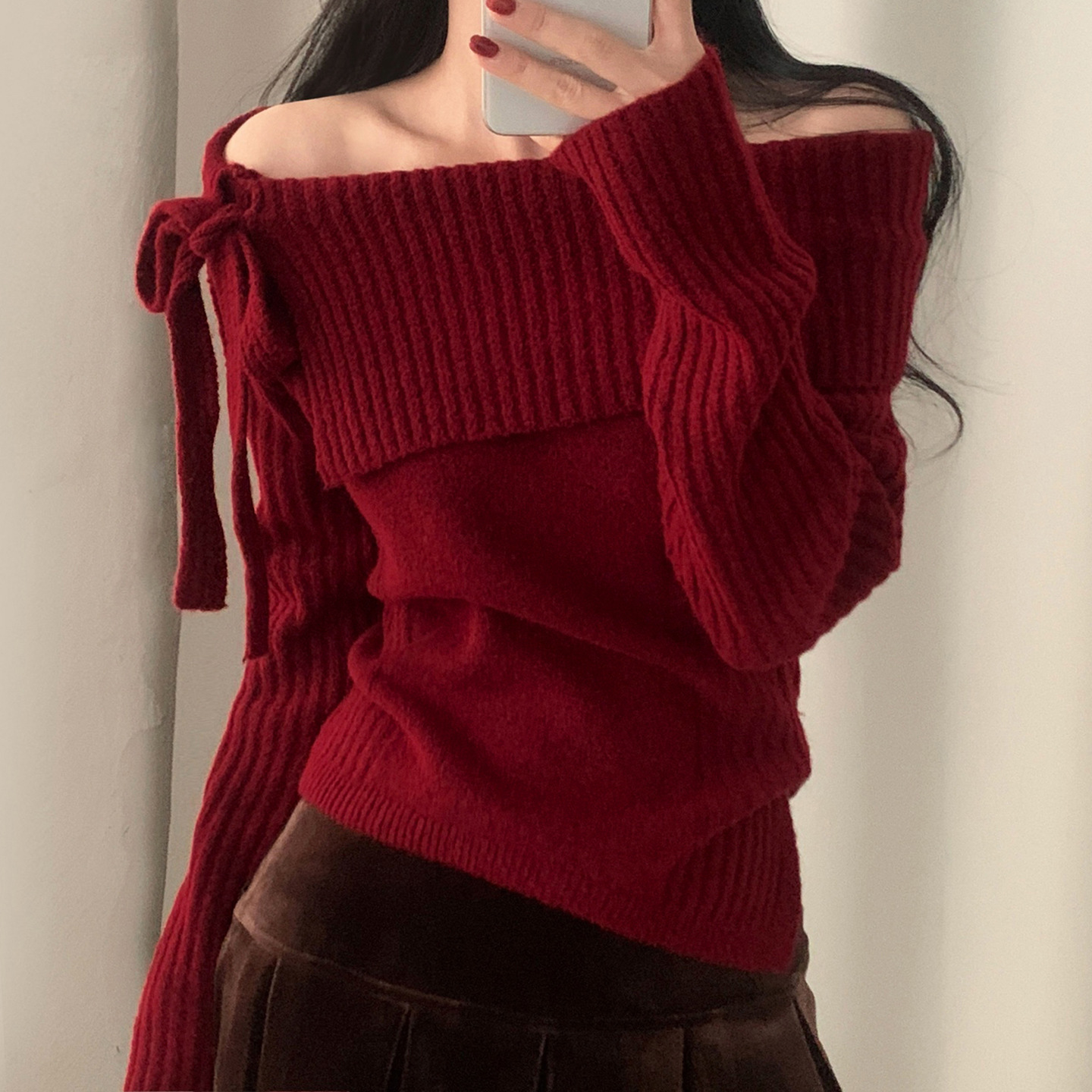 Christmas one shoulder top 圣诞节一字肩红色系带毛衣女针织衫
