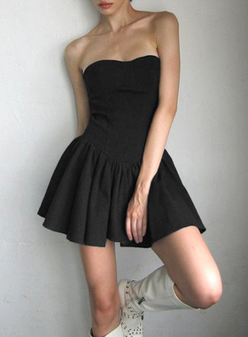 One shoulder strapless dress法式气质鱼骨一字肩束腰抹胸连衣裙