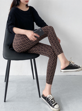 鲨鱼皮打底裤女2022夏季薄款灰色韩国印花显瘦高腰九分高弹瑜伽裤