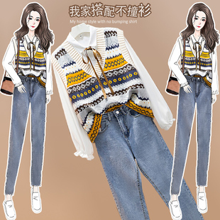 女初秋2023年新款 韩版 小个子衬衫 网红炸街套装 马甲牛仔裤 三件套装