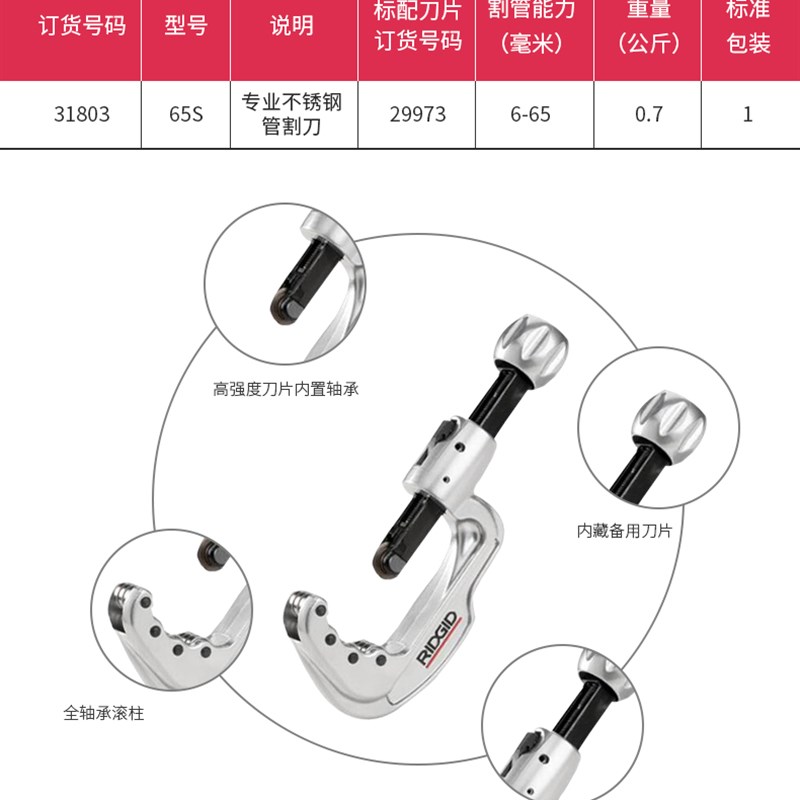 RIDGID里奇35S65S不锈钢管铜管切管器割管器管子割刀工具带刀片