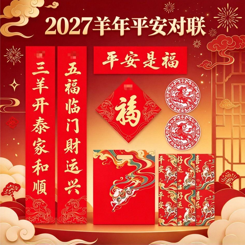 2027羊年平安对联大礼包六件套家用广告春联红包福字门神保险公司