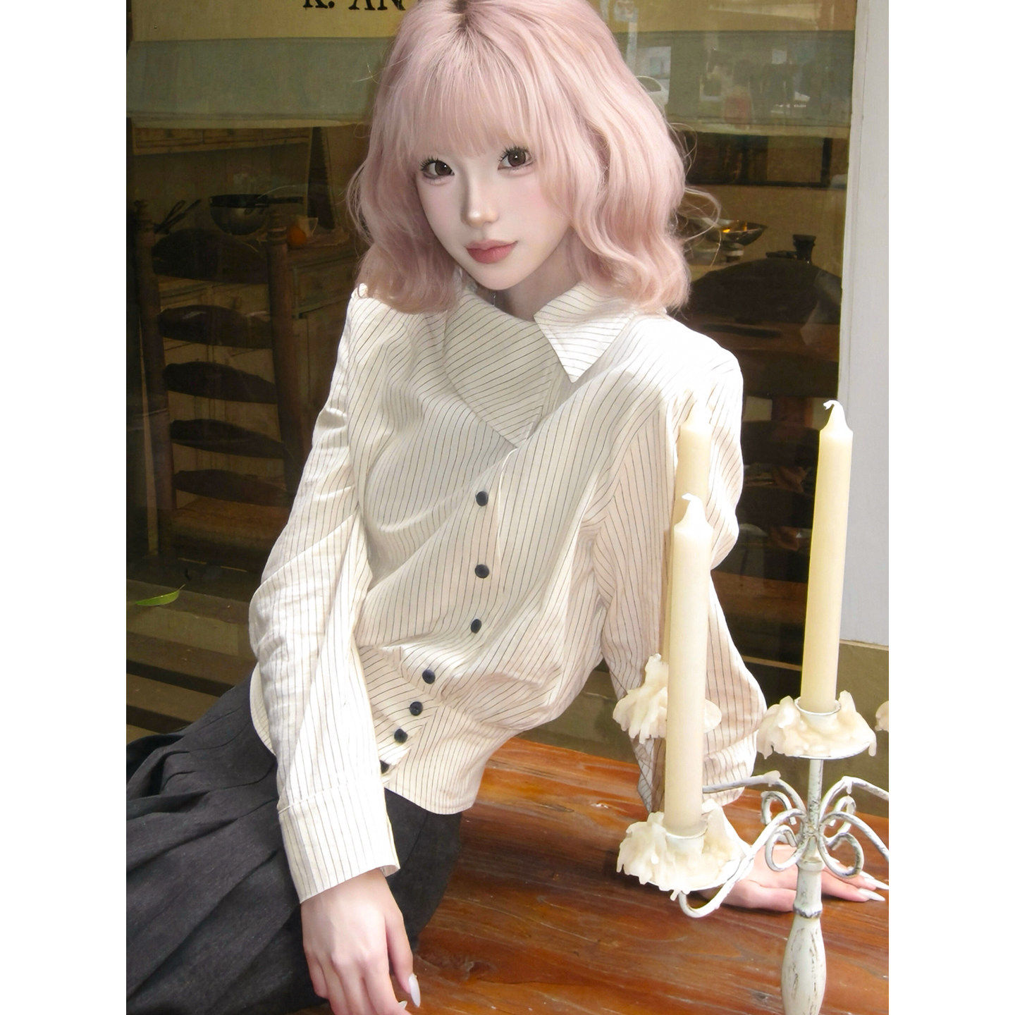 法式条纹翻领不规则收腰衬衫女款春季新中式内搭打底长袖短款上衣