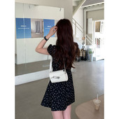 Luu 韩系绝美收腰短款 茶歇法式 女夏季 a字裙子 黑色碎花洋装 Halo