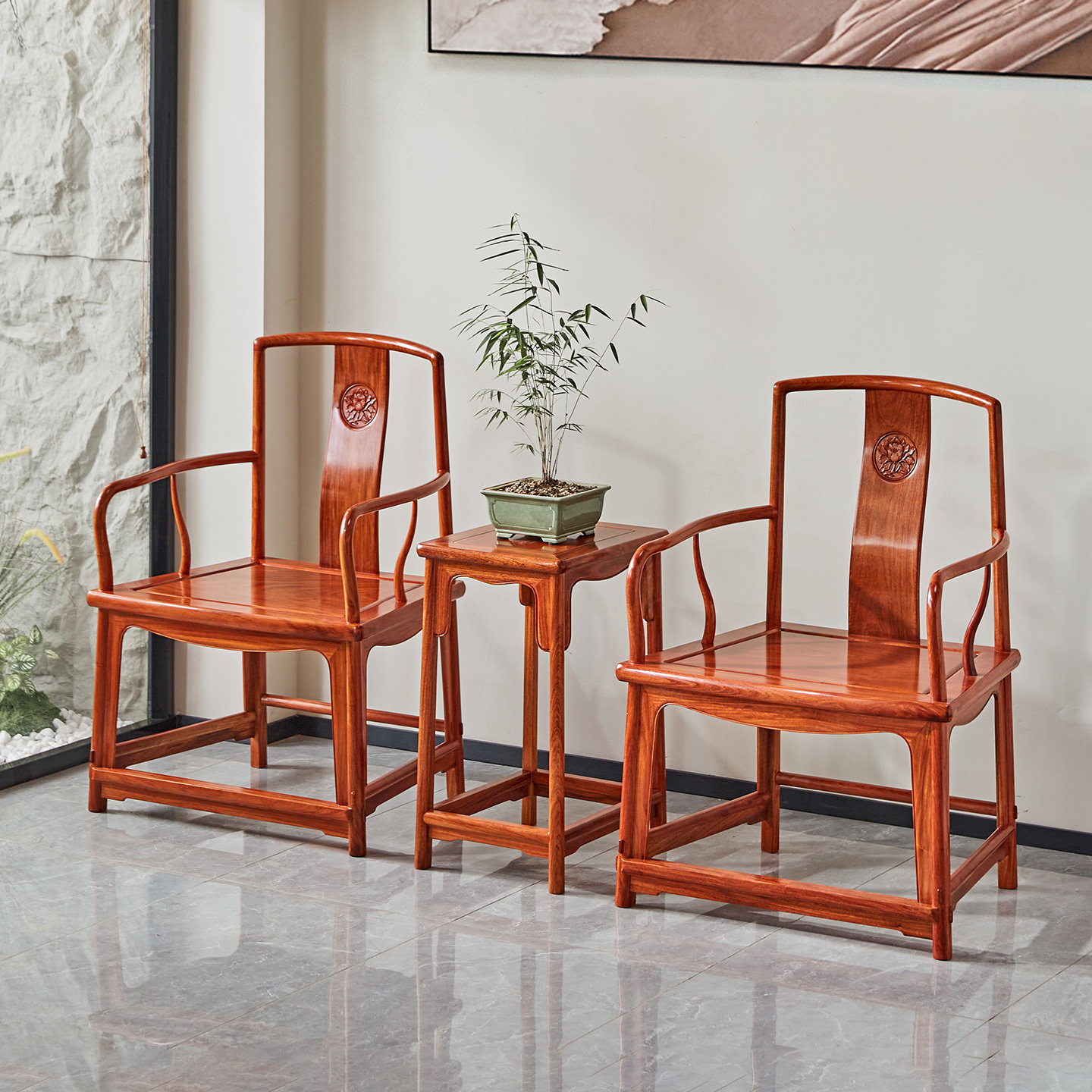 缅甸花梨木官帽椅中式红木喝茶主人椅全实木太师椅大果紫檀靠背椅