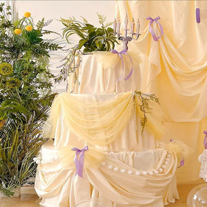 婚礼装饰背景原生布蝴蝶结棉麻粗布奶油风生日甜品台桌布简约背景