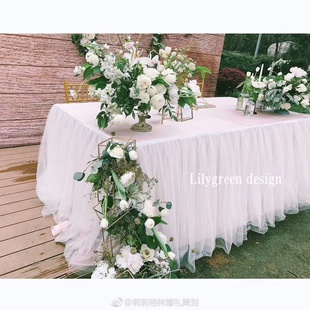 新款婚礼甜品台签到台布置桌裙生日派对桌布蓬蓬纱开业活动桌围边