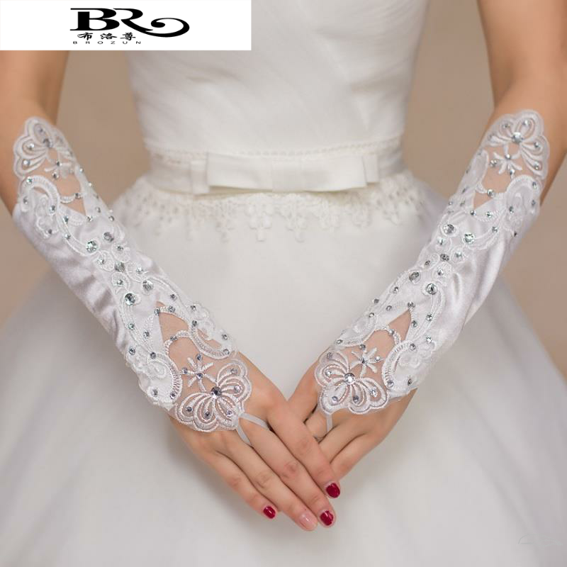 新款新娘结婚手套缎面亮片点缀绣花长手套露指婚纱礼服白色手套yt