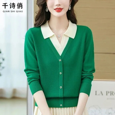 洋气假两件上衣针织打底衫2025春秋新款翻领时尚洋气秋季薄款