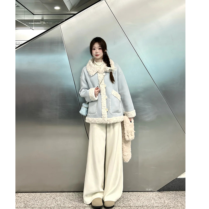 蓝色皮毛一体外套女秋冬季韩系冬装巨好看初冬加绒厚棉服冬天穿搭