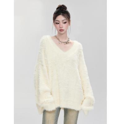 美式白色v领毛茸茸针织上
