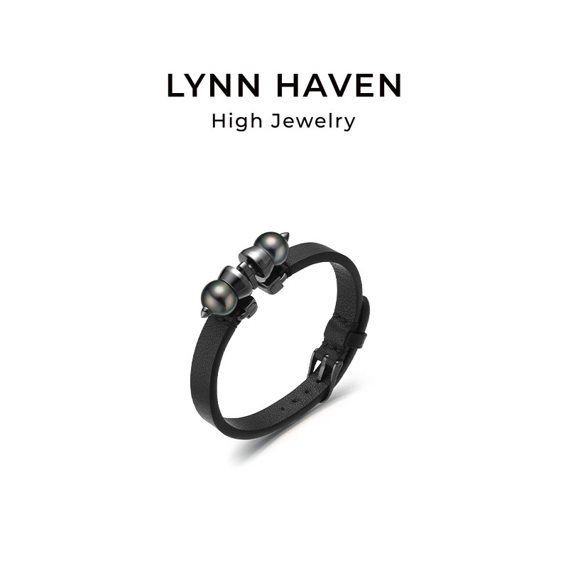 LynnHaven麟玟 SKY双子星 18K金大溪地海水珍珠手链皮质手镯手饰