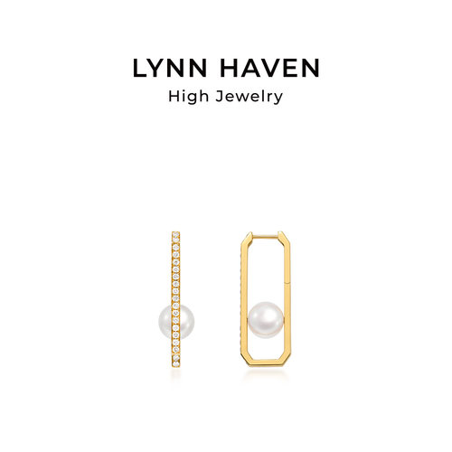 LynnHaven麟玟 EARTH LH符号18K金Akoya海水珍珠耳钉钻石耳饰礼物