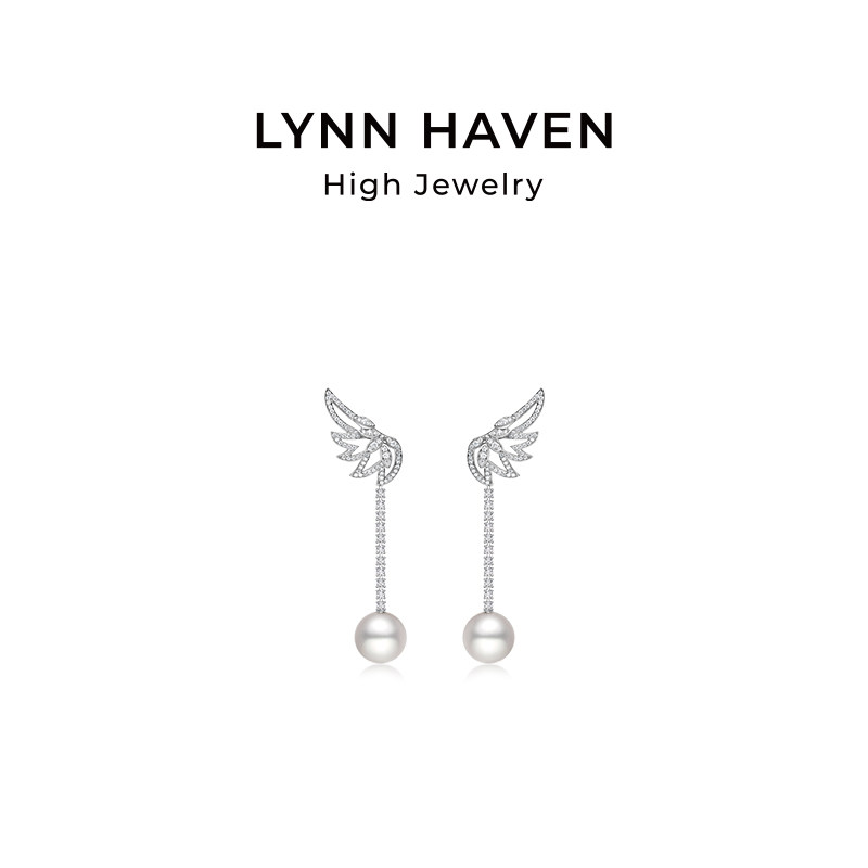 LynnHaven麟玟 ART宋思维-翠羽 18K金澳白海水珍珠耳钉钻石耳饰