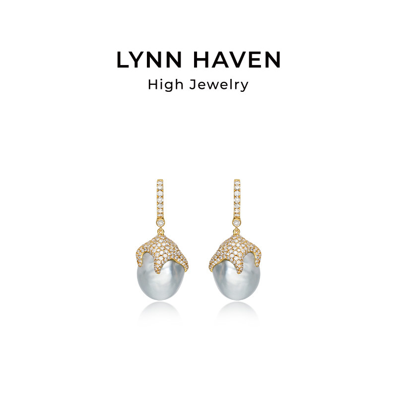 LynnHaven麟玟OCEAN海洋精灵18K金Akoya巴洛克海水珍珠钻石耳钉