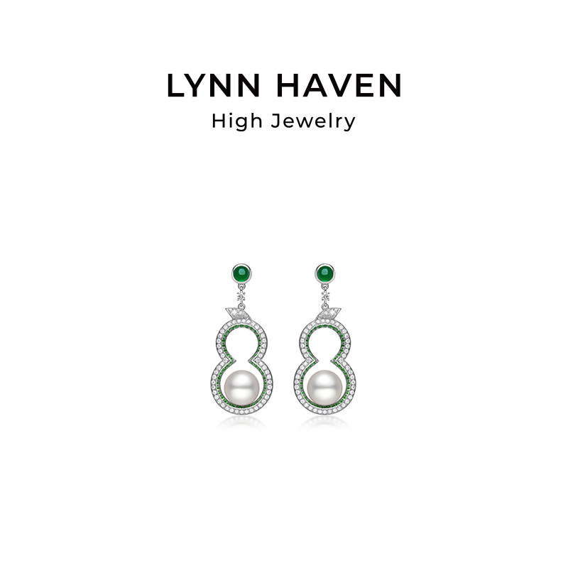 LynnHaven麟玟 EARTH葫芦【福运】18K金Akoya海水珍珠耳钉碧玉