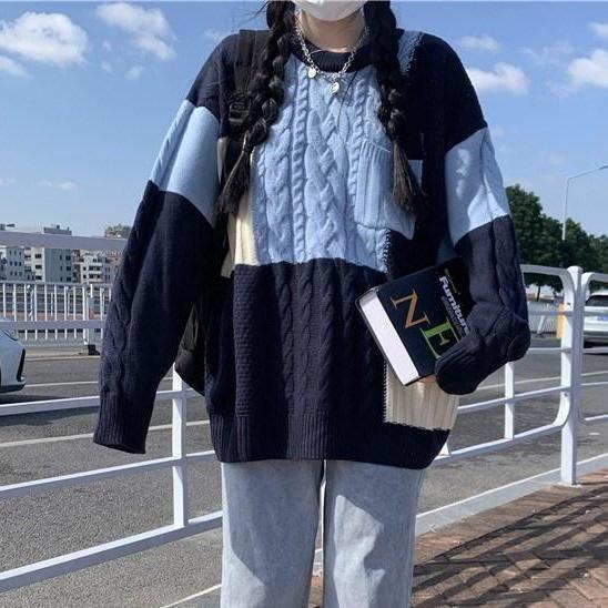 秋冬新款慵懒风拼色麻毛衣女学生宽松百搭韩版花中长款针织衫外套