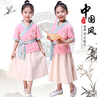儿童纯棉汉服诗词朗诵领诵表演服梅花刺绣书童小牧童小药童演出服