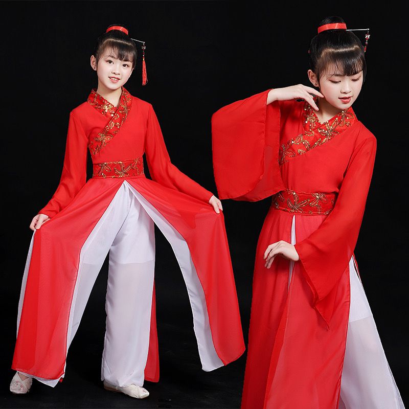 女童汉服古典大鱼海棠芒种演出扇子舞中国风红色练功服古筝表演服