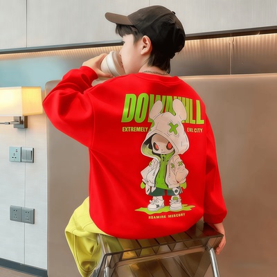 男童红色卫衣秋冬款加厚上衣