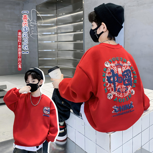 儿童春装2026秋季新款中大男童装红色套头卫衣秋冬长袖t恤上衣服