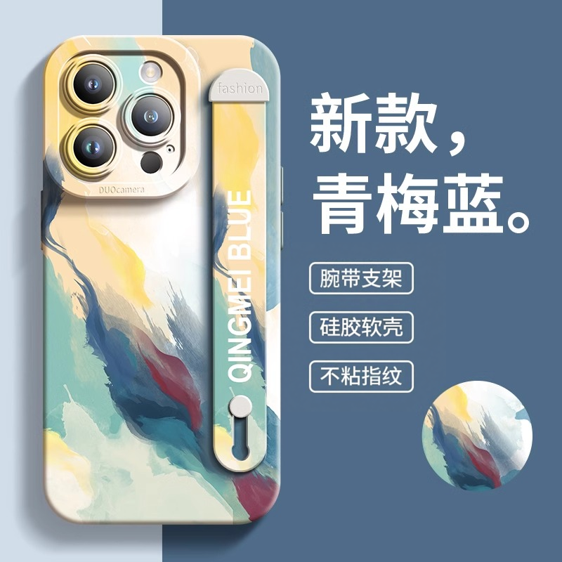 彩绘艺术风适用苹果15pro手机壳硅胶软壳iPhone14promax腕带支架超薄防摔13创意小众12pm情侣高级感11pro男女