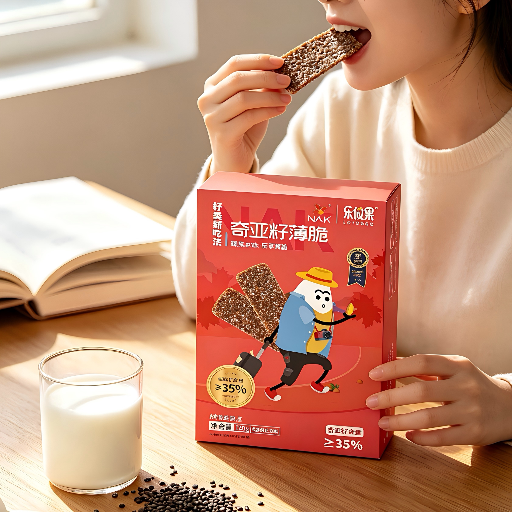 NAK 薄脆饼干奇亚籽薄脆120g盒装代餐独立小包装高膳食纤维零食
