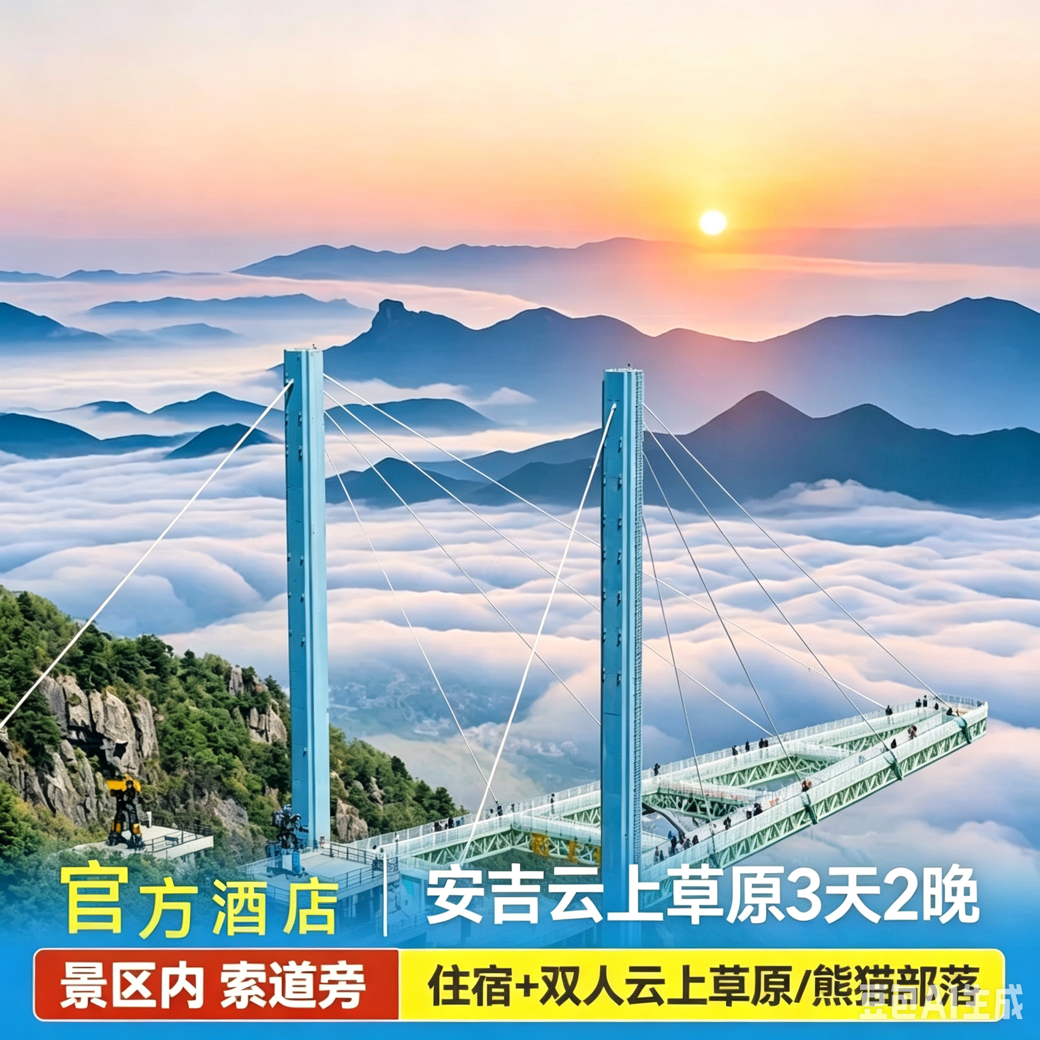 【2晚连住】湖州云上草原酒店可选双人七星谷漂流云上草原观光2日票含仙侠小镇悬崖乐园