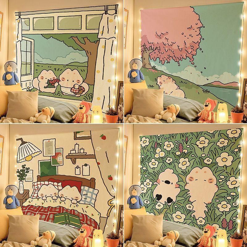 ins风可爱治愈动物挂毯手绘插画卡通背景布房间床头宿舍装饰挂布图片