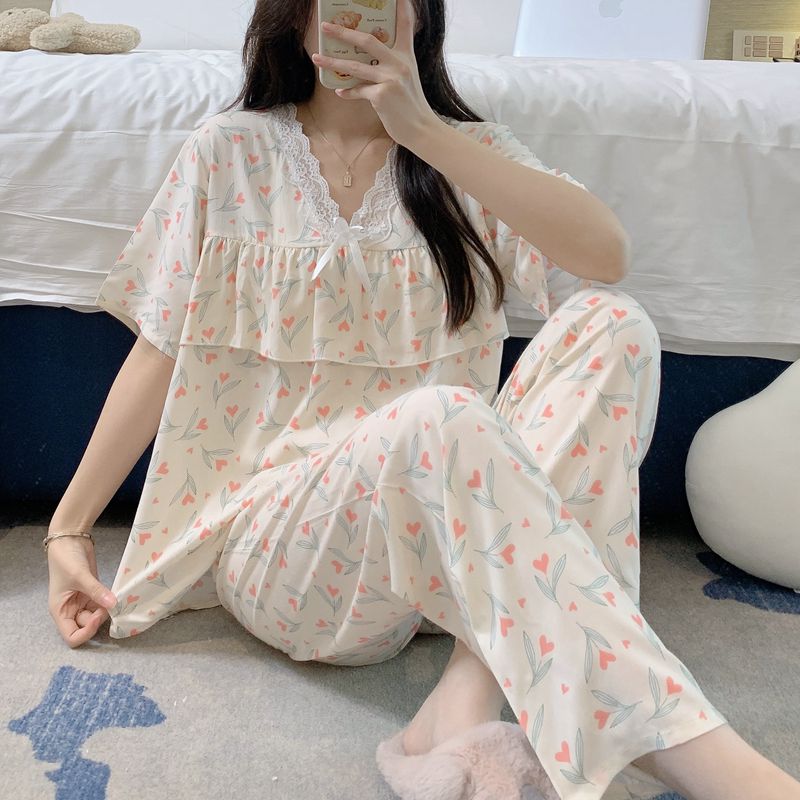 棉绸睡衣女套装防凸点短袖长裤夏季宽松可爱薄款大码人造棉家居服