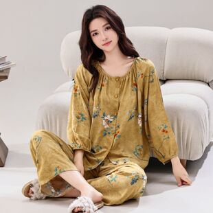 2026年新款睡衣女款春夏季休闲长袖长裤棉绸可外穿绵绸家居服套装