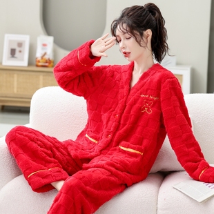 红色本命年珊瑚绒睡衣女冬季 加绒加厚家居服法兰绒 2025年新秋冬款
