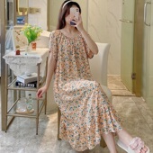 绵绸睡衣家居服 性感人造棉甜美长裙宽松大码 短袖 棉绸睡裙女夏薄款