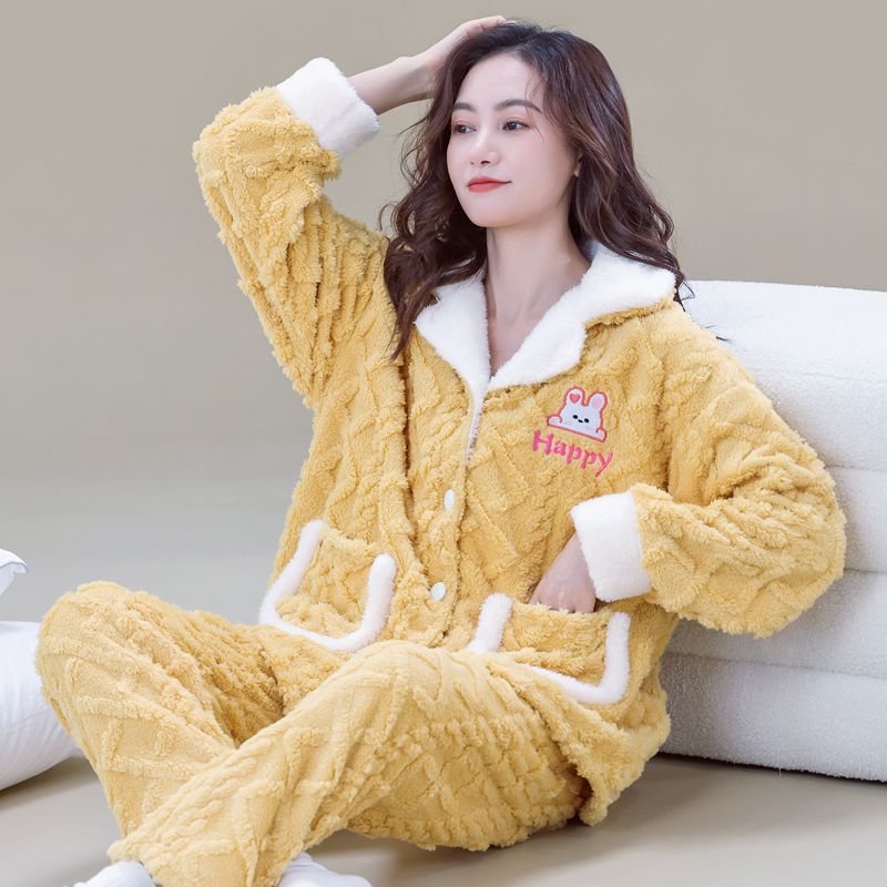 秋冬季珊瑚绒睡衣提花加厚加绒