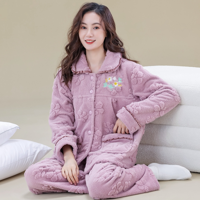 冬季珊瑚绒睡衣女士加厚加绒