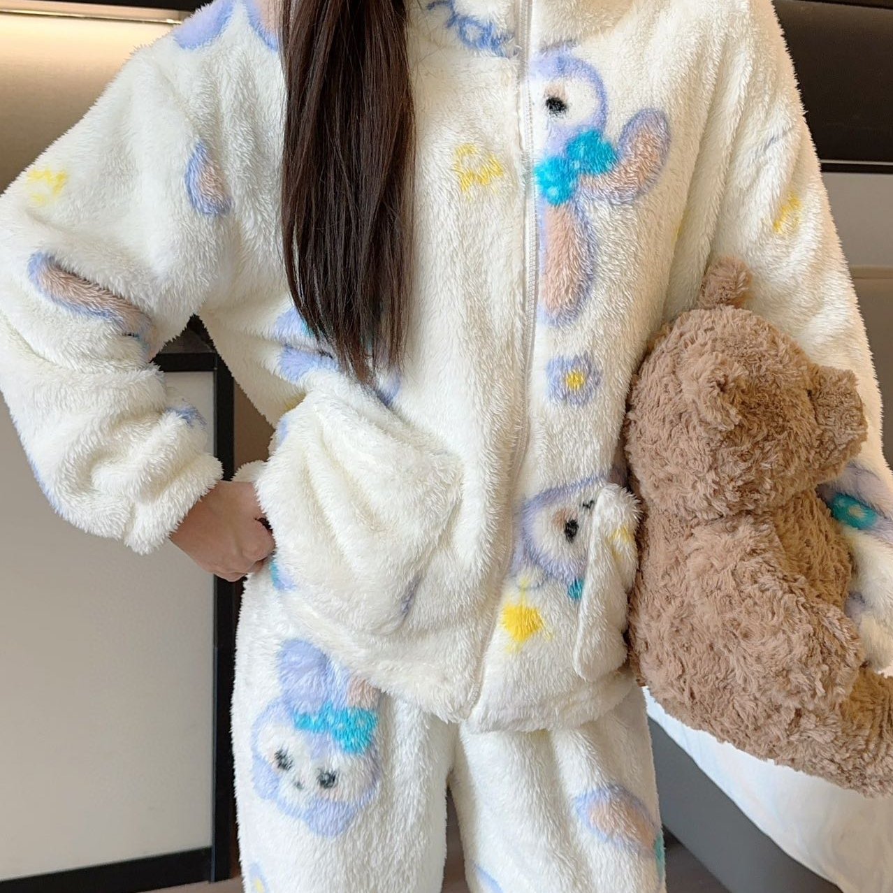 睡衣女冬季珊瑚绒加绒加厚长袖长裤拉链设计可外穿家居服套装