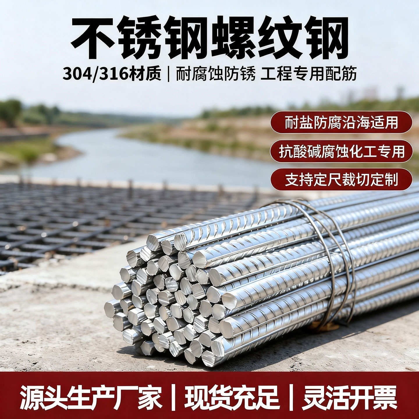 304/316L不锈钢螺纹钢防锈麻花钢沿海化工地基用带肋钢筋条钢棍棒图片