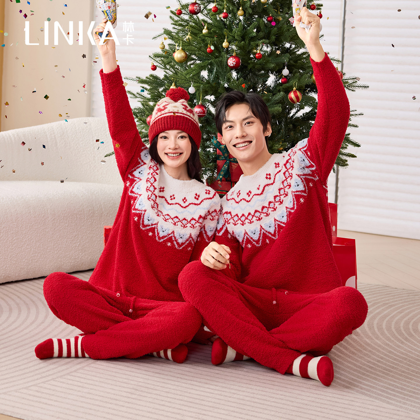 林卡情侣睡衣新款冬加厚半边绒费尔岛提花圆领居家服套装可外穿,女士内衣/男士内衣/家居服,睡衣/家居服套装,淘宝优惠券,粉丝福利购,淘宝优惠卷