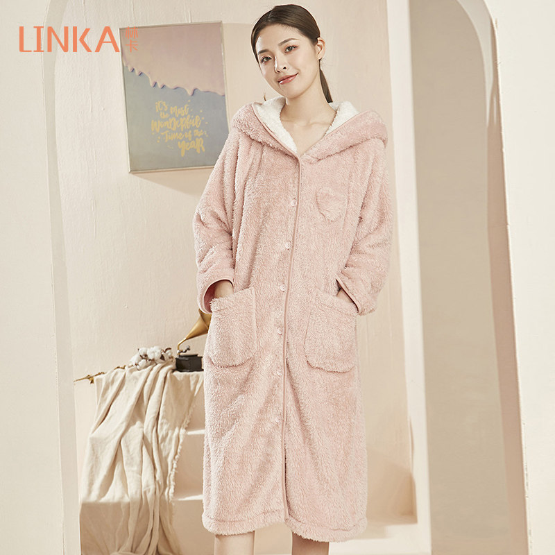 林卡睡衣女双面北极绒女款净色剪心连帽开衫睡袍女冬季厚款家居服