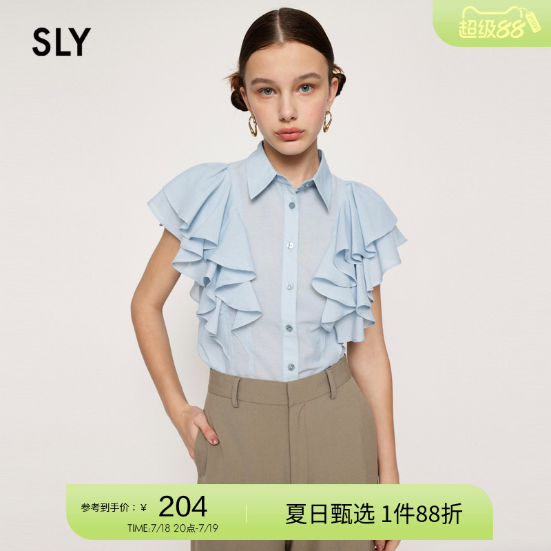 sly法式优雅褶边荷叶袖短袖衬衫