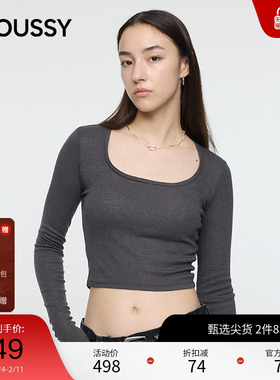 moussy 2025秋季新品辣妹风纯色短款修身长袖T恤衫010IA180-3751