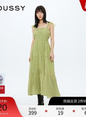MOUSSY 春季海边度假风方领格纹木耳吊带连衣裙女028HSS30-2011