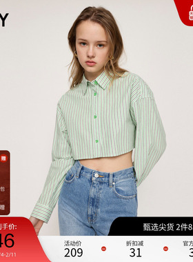 SLY春夏学院风条纹露腰设计长袖截短衬衫030GSY30-1350