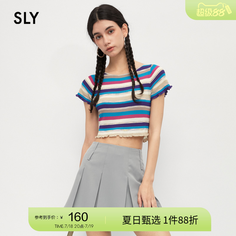 sly甜酷风多彩针织木耳边短款T恤