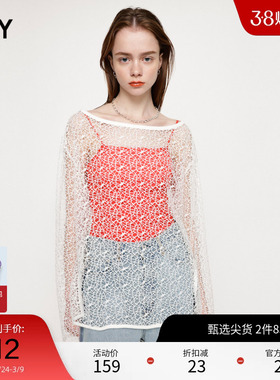 SLY 春夏透视网状镂空下摆开叉宽松长袖T恤030GSZ80-2190