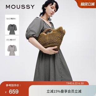 moussy 夏季法式田园风V领格纹衬衫连衣裙028ISC33-1005