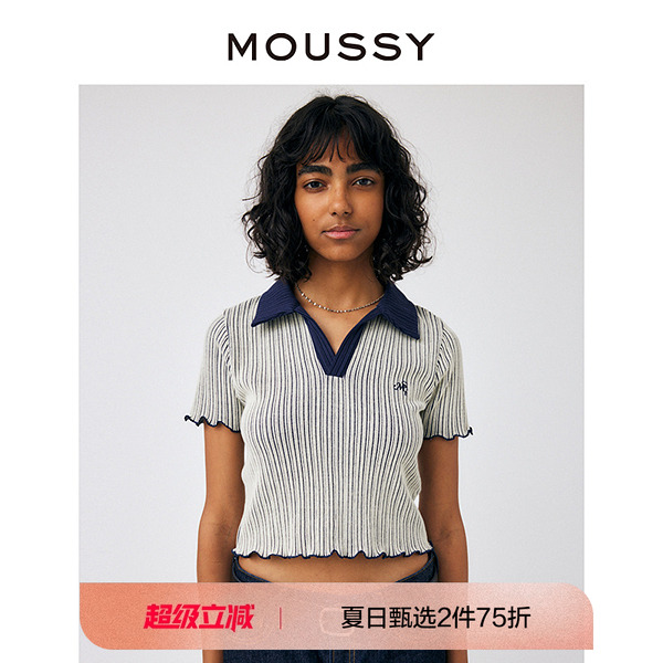 MOUSSY 夏季新品甜美可爱小刺绣针织短袖T恤女010GAL9